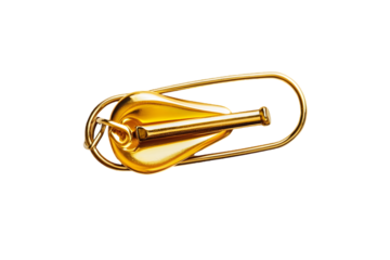 Gold-toned, stylized, abstract object, resembling a bottle or flask