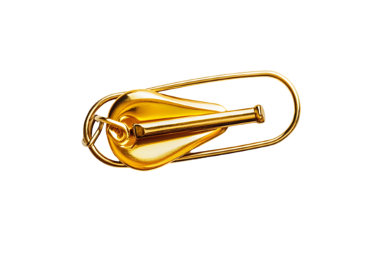 Gold-toned, stylized, abstract object, resembling a bottle or flask