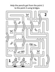 Maze with bridges. Help the pencils get from the point 1 to the point 2 using bridges. Black and white version.
