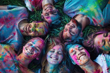 various ethnic groups Covered with Holi powder lying on the grass laughing and looking up and posing for peace for the camera in the park at the Holi festival in summer.