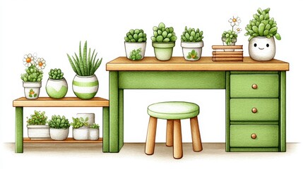 Charming Potted Plant Illustration on Green Table