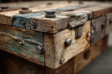 Wooden box covered in bolts and gears, sitting on a workbench. Industrial and mechanical scene with a steampunk aesthetic.