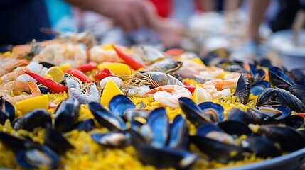 Seafood paella, vibrant yellow rice, shrimp, mussels, chili peppers, lemon