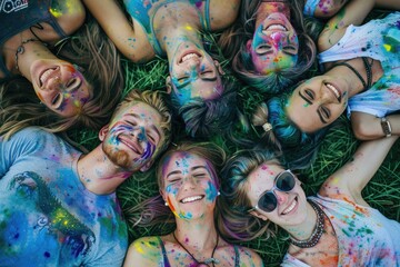 various ethnic groups Covered with Holi powder lying on the grass laughing and looking up and posing for peace for the camera in the park at the Holi festival in summer.