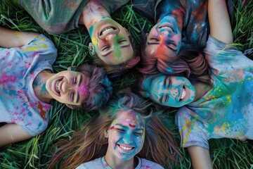 various ethnic groups Covered with Holi powder lying on the grass laughing and looking up and posing for peace for the camera in the park at the Holi festival in summer.