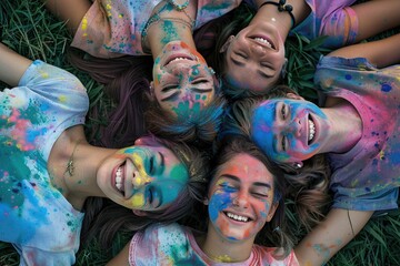 various ethnic groups Covered with Holi powder lying on the grass laughing and looking up and posing for peace for the camera in the park at the Holi festival in summer.