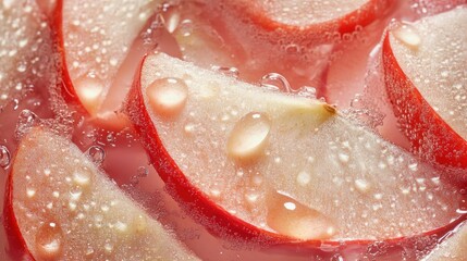 Close-up of sliced red apples in water with bubbles and water droplets