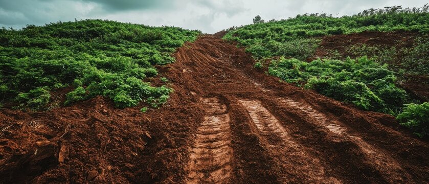 A muddy pathway through a lush green landscape, showcasing tire tracks and vegetation against a cloudy sky.