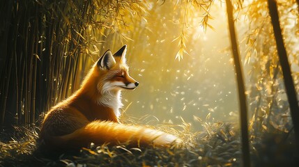 Fototapeta premium A fox resting on a fluffy cloud, dreamy soft minimal style