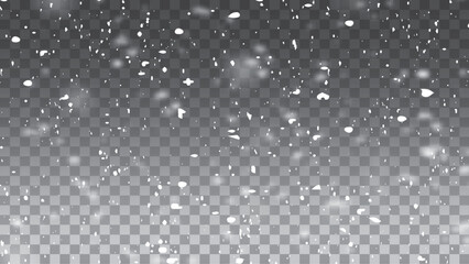 Motion blur effect of falling snow on transparent background. Christmas snowy dust for your design. Abstract white lights. Vector illustration.