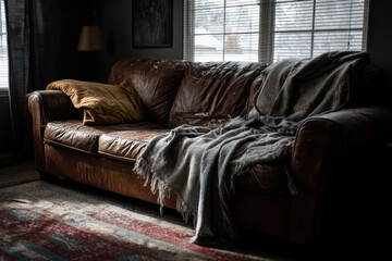 Cozy room with a blanket-draped couch.