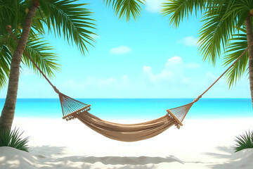 Tropical beach background as summer landscape with beach swing or hammock and white sand and calm sea for beach banner. Perfect beach scene vacation and summer holiday concept. Boost up color process
