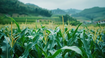 Fototapeta premium Green corn field landscape image