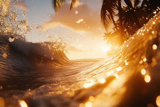 A captivating close-up view of a wave's crest forming a tunnel, allowing a glimpse of a tropical beach scene at sunrise.