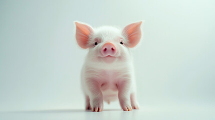White piglet isolated on white background in the middle, hyper-realistic photo of a cute baby pink piggy portrait