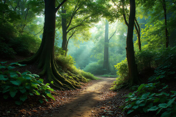 path in the middle of a lush green forest 2