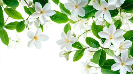 Obraz premium White tropical flowers and green leaves on a white background, high resolution.