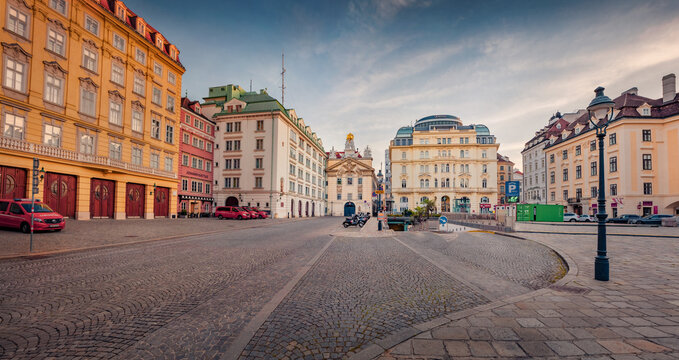Vienna, Austria - October 20, 2024: Panoramic view of Am Hoff square with Vienna Municipal Fire Station. Beautiful autumn sunrise in Vienna city, Capital of Austria, Europe.