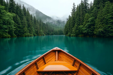 Serene wooden rowboat gliding on a pristine, teal lake, surrounded by lush evergreen forests and misty mountains.  A tranquil escape into nature's embrace.