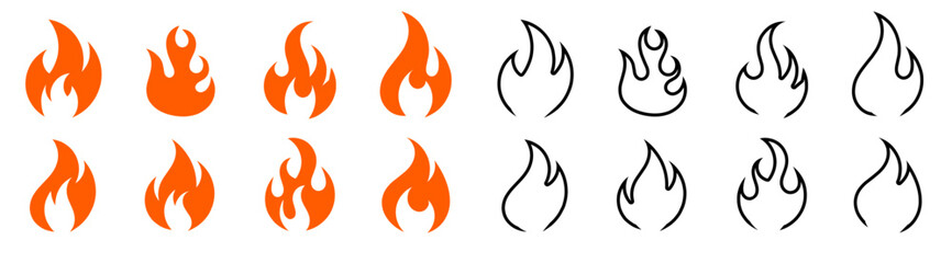 Fire flame, vector icons Fire and flames outline icon set. Contour bonfire, linear flaming elements. Hand drawn fire flame vector illustration