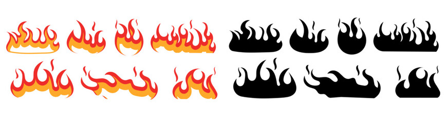 Set of orange fire flame. Contour bonfire, linear flaming elements. Hand drawn fire flame vector illustration