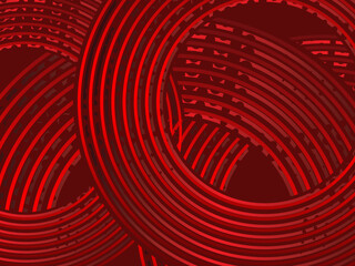 Abstract red glowing geometric lines on dark red background. Modern shiny red circle lines pattern. Futuristic technology concept, perfect for covers, posters, banners, brochures, websites, etc.	