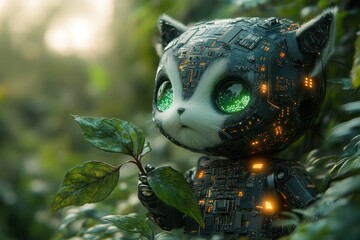 Robotic Cat in Lush Forest.