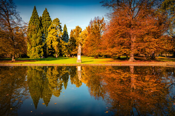 Calm autumn scene of Hellbrunn castle garden, Austria, Europe. Picturesque morning view of...