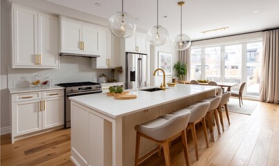 Modern white kitchen with an island and large windows overlooking a backyard