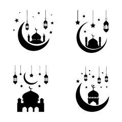 eid mubarak mosque and crescent moon silhouette, ramadan kareem mosque and stars vector illustration © MDMahmudul