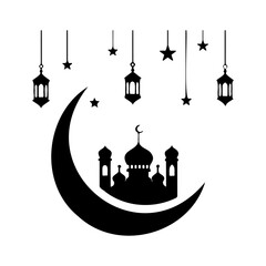 eid mubarak mosque and crescent moon silhouette, eid festival mosque and night sky graphic. © MDMahmudul