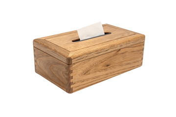 A wooden tissue box holder with a natural wood grain texture and a tissue peeking through, isolated on a transparent background
