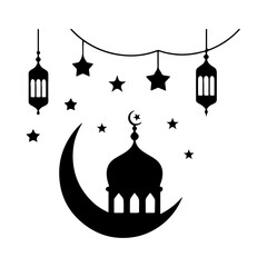 eid mubarak mosque and crescent moon silhouette, eid festival mosque.