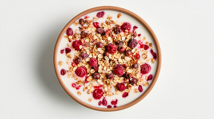 Yogurt with granola and berries in a bowl, isolated on a white background