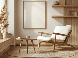 In a 3D rendered and illustrated scene, a wooden armchair is placed in a room with a mock-up poster on the wall