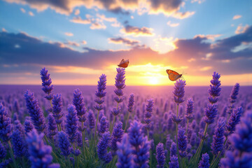 Naklejka premium lavender flowers in a field with the sun shining through them2