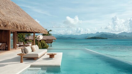 Obraz premium Luxury overwater bungalow with infinity pool, ocean view, blue water & idyllic scenery