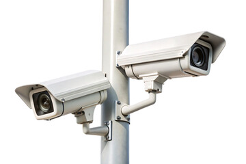 Street surveillance cameras firmly fixed on pole, angled for maximum outdoor coverage and urban security monitoring, isolated on a transparent background