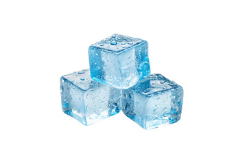 Three glossy ice cubes stacked together, covered with water droplets, emitting a cold, refreshing appearance, isolated on a transparent background