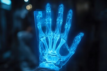 Futuristic holographic hand scan display with digital interface and glowing blue technology