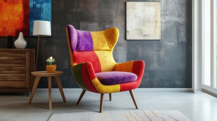 Vibrant Patchwork Armchair in a Modern Living Room