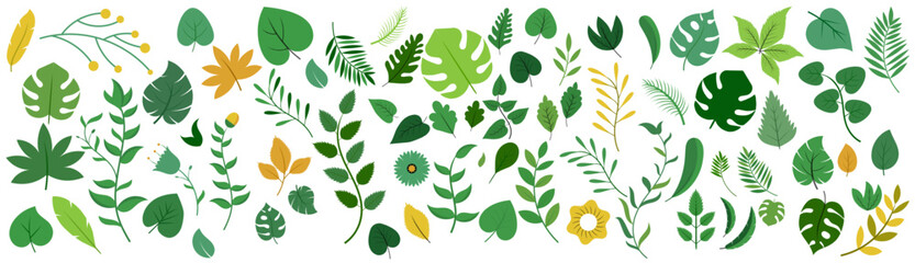 Leaves design element collection - Big vector set or bundle with leaf graphic elements and objects in flat design green and orange colours on white background