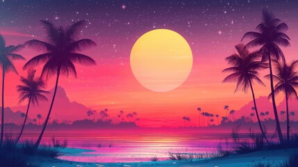 Silhouette of palm trees on beach at night, neon pink and purple sunset sky with stars
