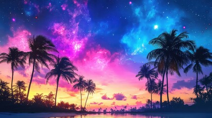 Tropical night with silhouettes of palm trees, neon-lit horizon and a galaxy sky