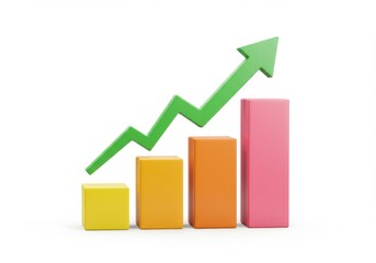 Colorful bar graph with a green arrow pointing upwards isolated on white background