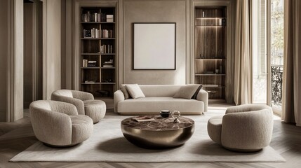 Elegant living room, modern furniture, Parisian apartment, interior design mockup