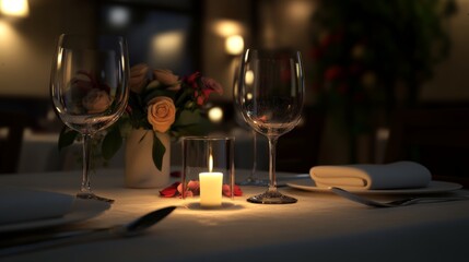 Romantic dinner table setting with candlelight, elegant restaurant decoration for wedding anniversary, luxury celebration with wine glasses and festive decor