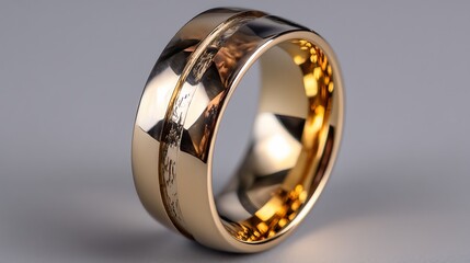 Gold ring with textured dark inlay, shiny metal, smooth band, simple design