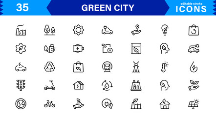 Modern Green City Icon Set Vector Illustration. Featuring Sustainable Buildings, Eco-Friendly Infrastructure, and Urban Nature Icons