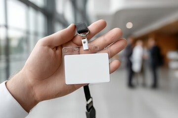 Man holding identification card at conference: blank badge in hand with lanyard, corporate event, pass for admittance, professional networking, presentation, mockup, photography